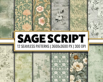 Sage Green Script Paper Pack: Botanical Seamless Patterns (Digital Paper)