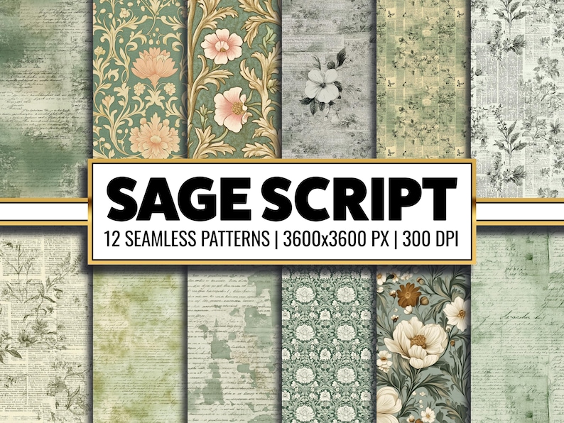 Sage Green Script Paper Pack: Botanical Seamless Patterns (digital ...