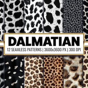May include: Twelve seamless patterns featuring various animal print designs, including dalmatian, leopard, and cheetah. The patterns are in black, white, brown, and tan colors. Each pattern is 3600x3600 pixels and 300 DPI.