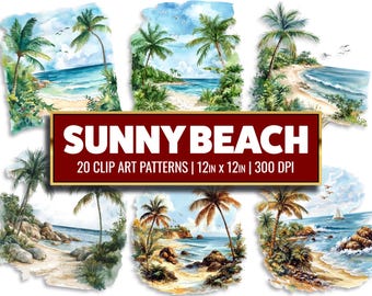 Sunny Beach Clip Art Tropical Beach Digital Paper Palm Printable PNG Paper Craft Watercolor Beach Scrapbook Transparent Design