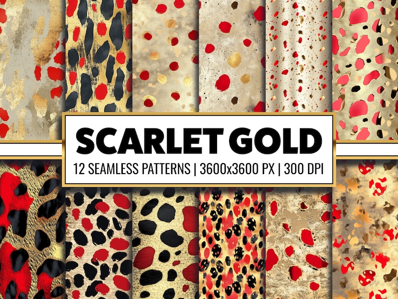 Scarlet Digital Paper Gold Leopard Seamless Pattern Red Gold Safari