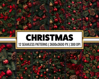 Puede incluir: Un patrón sin costuras que presenta un árbol de Navidad festivo decorado con adornos rojos y dorados, piñas y lazos rojos. El fondo es de color verde oscuro.