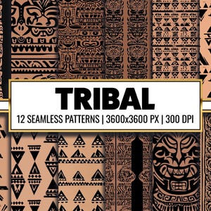 Puede incluir: Doce patrones tribales sin costuras en negro y marrón. Los patrones son geométricos e incluyen triángulos, cuadrados y círculos. El texto "TRIBAL" está en blanco y negro y el texto "12 SEAMLESS PATTERNS | 3600x3600 PX | 300 DPI" está en negro.
