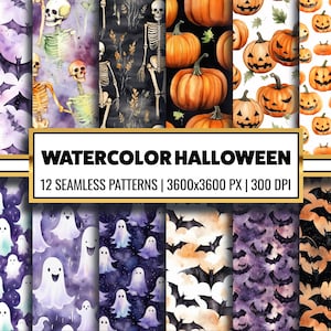 Watercolor Halloween Seamless Pattern Halloween Digital Paper Ghost and Pumpkin Scrapbook Paper Halloween Junk Journal