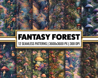 Fantasy Enchanted Forest Digital Paper Woodland Forest Seamless Pattern Magical Mystery Paper Craft for Junk Journal and Scrapbooking