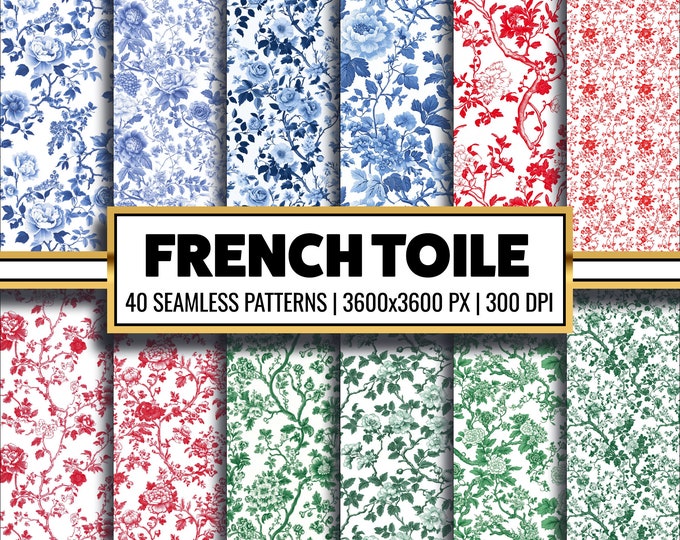 French Blue Floral Toile De Jouy Digital Paper, Seamless Pattern ...