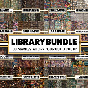 Library Books Digital Paper Bundle: Scrapbook Patterns (PNG & JPG)