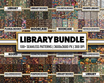 Bibliothek Bücher Digitales Papier Bundle: Scrapbook Muster (PNG & JPG)