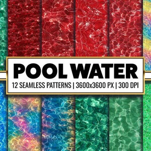 Puede incluir: 12 patrones sin costuras de agua de piscina en varios colores, incluidos azul, verde, rojo y arcoíris. Cada patrón tiene 3600x3600 píxeles y 300 DPI.