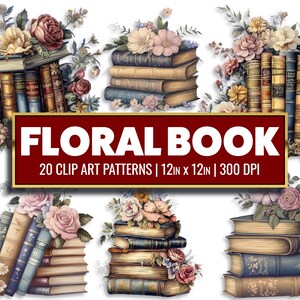 Watercolor Floral Book Clip Art Book Digital Paper Stack Library Printable PNG Paper Craft Book Lover Scrapbook Journal Supply