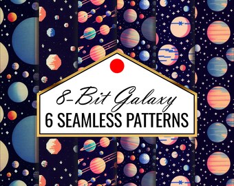 8-Bit Galaxy Pixel Paper, seamless starry night backgrounds printable night sky nebula scrapbook paper textures