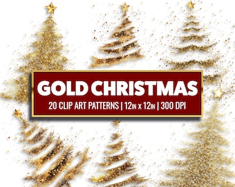 Gold Christmas Tree Clip Art: Glitter Holiday Paper (Digital Paper)