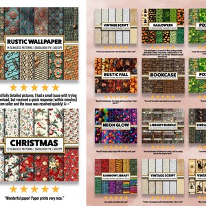 May include: A collection of digital paper packs for crafting and design. The packs include various themes such as rustic, Christmas, Halloween, vintage, and library. Each pack contains seamless patterns in high resolution, perfect for creating digital or printed projects.