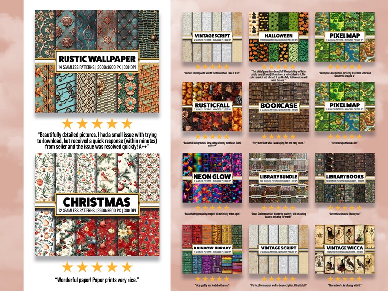 May include: A collection of digital paper packs for crafting and design. The packs include various themes such as rustic, Christmas, Halloween, vintage, and library. Each pack contains seamless patterns in high resolution, perfect for creating digital or printed projects.