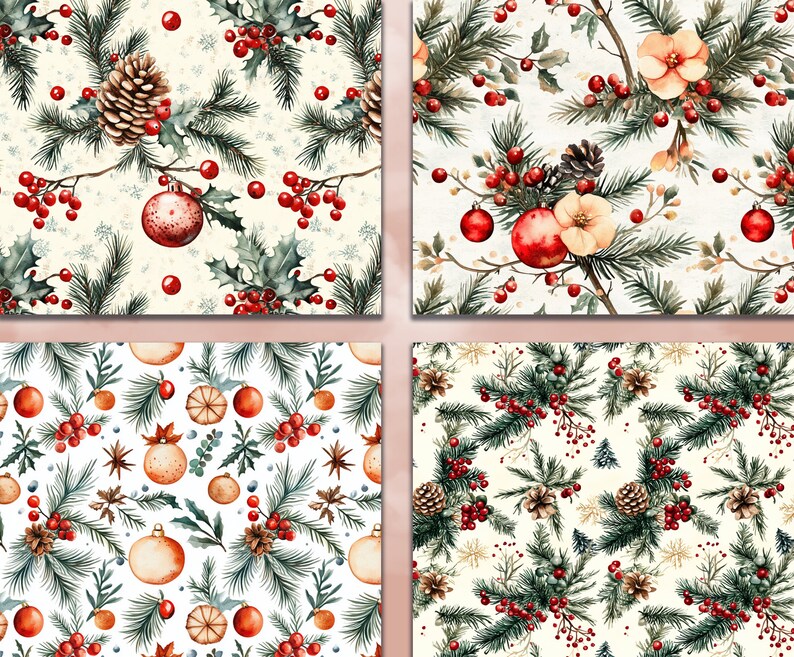 May include: Four seamless patterns featuring watercolor illustrations of winter holiday elements. The patterns include pine branches, berries, pinecones, ornaments, and snowflakes on a cream background.