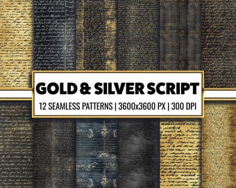 Gold & Silver Script Seamless Pattern Vintage Script Digital Paper Writing Background Old Vintage Scrapbook Junk Journal Supply