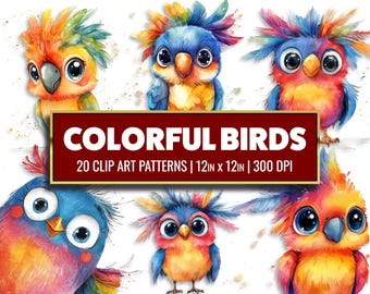 Clip art de pájaros caprichosos: estilo acuarela, papel de álbum de recortes (descarga digital)