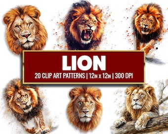 Watercolor Lion Clip Art: Safari Digital Paper (PNG, 12x12in)
