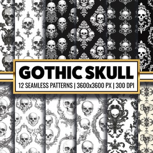 Black and White Gothic Digital Paper Skull Seamless Pattern Skull Damask Printable Paper Craft for Scrapbooking and Backgrounds