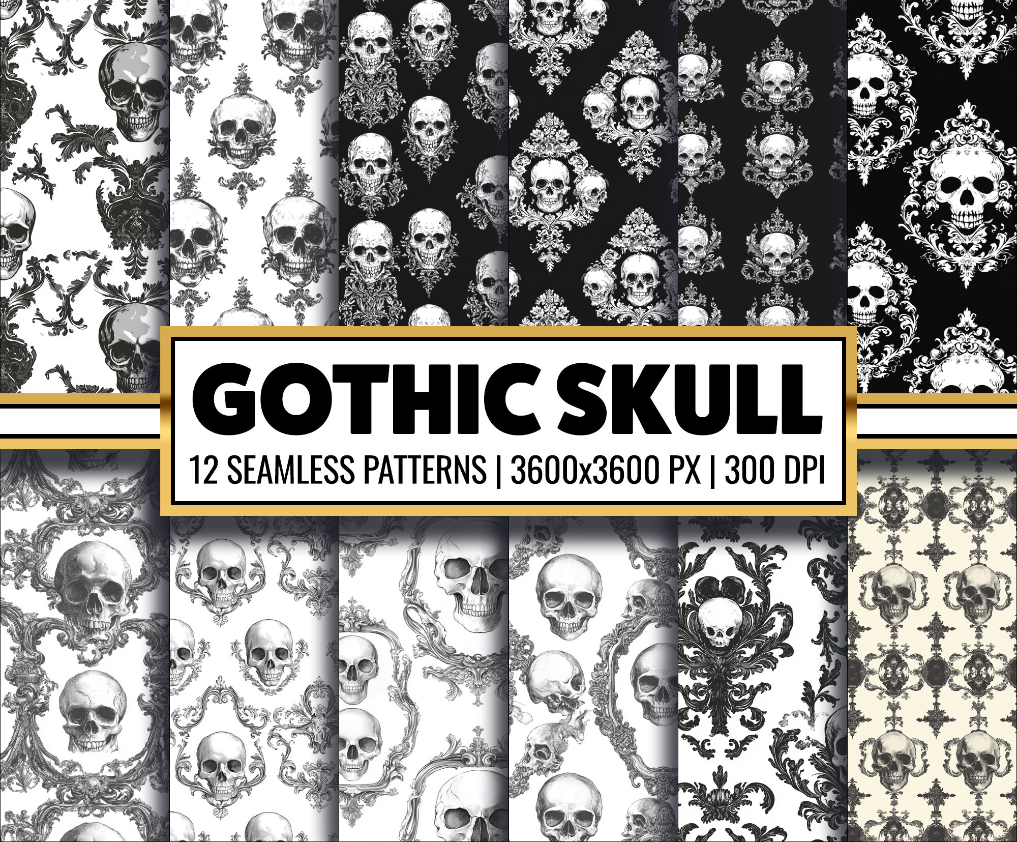 Gothic Skull Digital Paper: Black and White Damask Patterns (PNG 