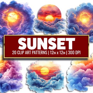 Op de afbeelding: Een set van 20 digitale clip art-patronen met kleurrijke zonsondergangwolken. De patronen zijn 30,5 cm bij 30,5 cm en 300 DPI. De tekst "SUNSET" wordt weergegeven in een rode banner.