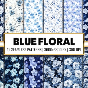 Blue Watercolor Flower Printable Paper PNG Blue Floral Seamless Pattern Shabby Chic Digital Paper Floral Print Background