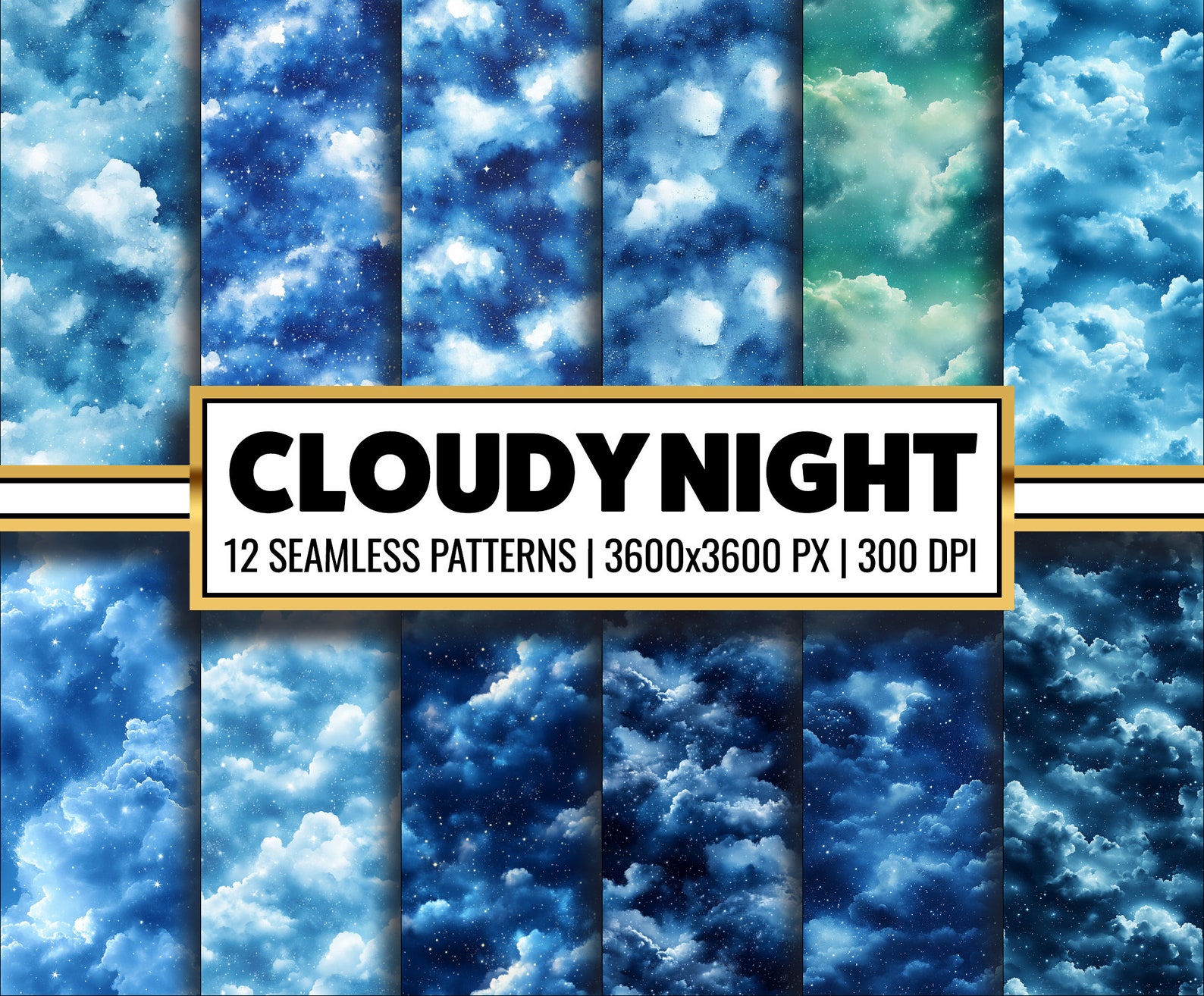 Cloudy Night Digital Paper Starry Night Seamless Pattern Watercolor ...
