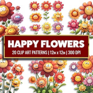 Happy Flowers clipart lachende bloemen digitale Papercraft glimlachend bloemdessin afdrukbare PNG-illustraties hoge kwaliteit aquarel bundel