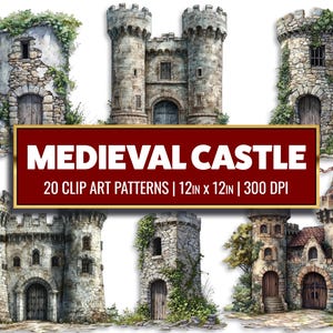Könnte beinhalten: Aquarell-Clip-Art-Muster mittelalterlicher Burgen. Das Bild zeigt sechs verschiedene Burgdesigns mit Steinmauern, gewölbten Türen und Türmen. Der Text auf dem Bild lautet "MEDIEVAL CASTLE" und "20 CLIP ART PATTERNS | 30,5cm x 30,5cm | 300 DPI".