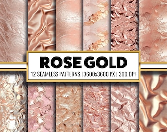 May include: Twelve seamless patterns in rose gold featuring different textures, including metallic, foil, and crumpled paper. Each pattern is 3600 x 3600 pixels and 300 DPI.