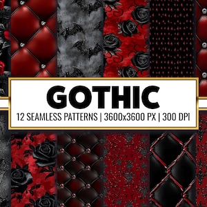 Papel digital de vampiro gótico, patrón sin costuras de Halloween gótico, papel para álbum de recortes con rosas, papel tapiz de damasco rojo, kit de diario basura con purpurina para Halloween