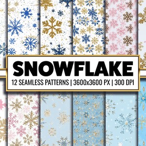 Könnte beinhalten: Zwölf nahtlose digitale Papiermuster mit Schneeflocken in verschiedenen Farben, darunter Gold, Blau, Rosa und Weiß. Die Muster eignen sich perfekt für winterliche Bastelarbeiten, Scrapbooking und digitale Designprojekte.