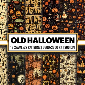 May include: Twelve seamless patterns featuring vintage Halloween illustrations in black, orange, and white. The patterns include pumpkins, ghosts, bats, witches, and other spooky elements. The text "OLD HALLOWEEN" is displayed in a gold banner.