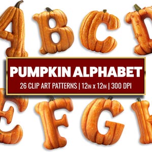 Peut inclure: Ensemble de clipart d'alphabet de citrouille présentant les lettres A à H. Chaque lettre est un rendu 3D d'une citrouille avec une texture réaliste. Les lettres mesurent 30,48 cm sur 30,48 cm et 300 DPI.