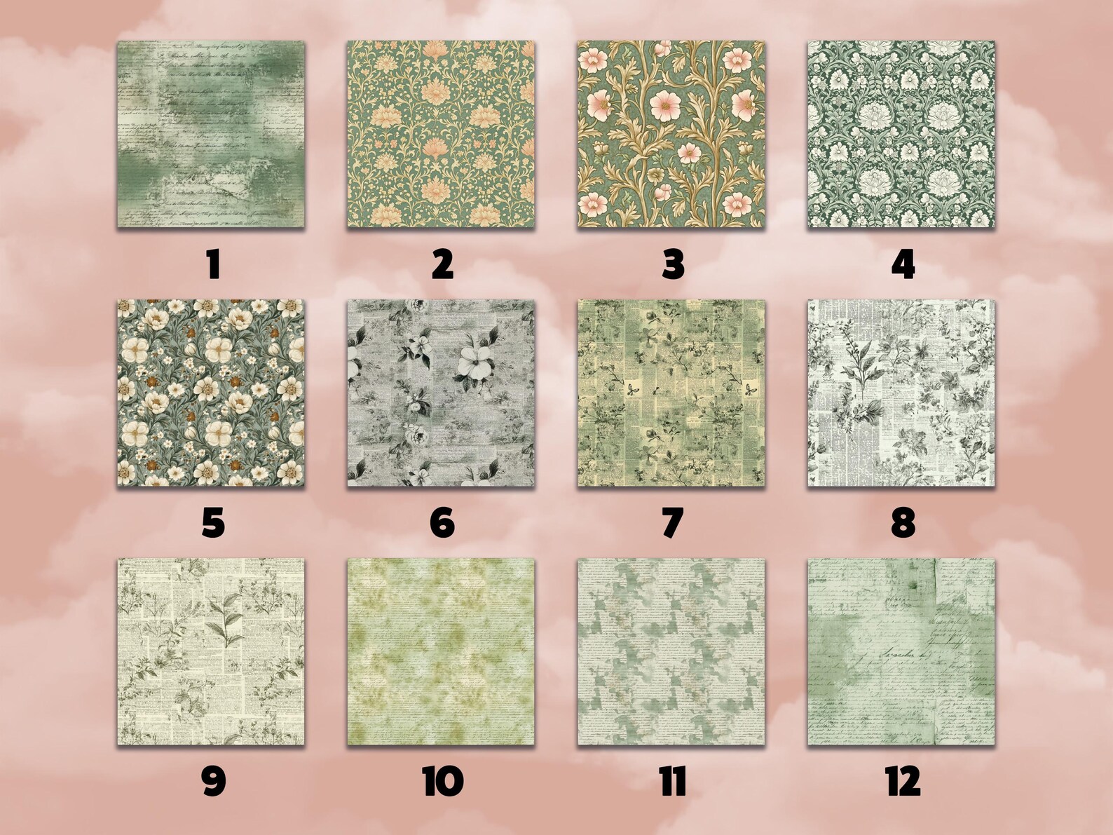 Sage Green Script Paper Pack: Botanical Seamless Patterns (digital ...