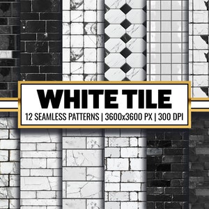 May include: Twelve seamless patterns of white tile in various styles, including cracked, brick, and geometric designs. Each pattern is 3600x3600 pixels and 300 DPI.