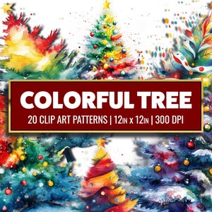 Arbre de Noël coloré Clip Art abstrait arbre de Noël papier numérique aquarelle arbre papier imprimable artisanat indésirable journal approvisionnement