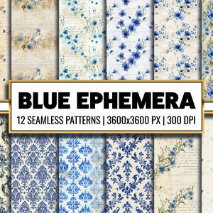 Blue Ephemera Printable Paper PNG Blue Vintage Seamless Pattern Old Paper Texture Blue Decoupage Backgrounds for Paper Craft and Gift Wrap