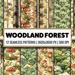 Papier numérique forêt boisé papier imprimable forêt champignon forêt modèle sans couture forêt magique fond arbre scrapbooking journal indésirable