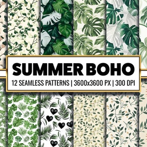 Sommer Boho druckbares Papier PNG Palmenblätter Nahtloses Muster Exotisches digitales Papier Sommerhintergründe für Papierfertigkeit und Tapete