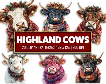 Christmas Highland Cow Clipart: Watercolor Digital Paper (PNG)