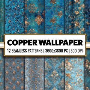 Kupfer Patina Tapete Druckbares Papier im Alter von Kupfer Nahtlose Muster Damast Patina Textur Ornament Digitales Papier Distressed Kupfer Kulisse