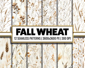 Fall Wheat Digital Paper: 12 Boho Floral Seamless Patterns (PNG)