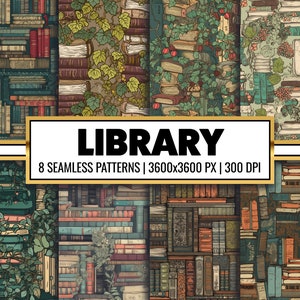 Op de afbeelding: Acht naadloze patronen met vintage illustraties van boeken en wijnstokken. De patronen zijn in een warme kleurenpalet van bruinen, groenen en blauwen. De tekst "LIBRARY" wordt weergegeven in een gouden banner.