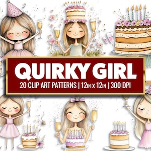 Anniversaire original fille Clipart lunatique fille fête d'anniversaire Papercraft Fun anniversaire papier numérique PNG imprimable de haute qualité