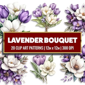 Buquê de lavanda Clip Art Flor roxa Papel digital Flor violeta Papel para impressão Aquarela Clipart Scrapbook Papel Artesanal Floral PNG
