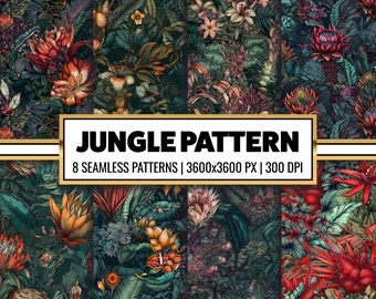 Jungle Floral Digital Paper - seamless tropical flower patterns printable scrapbook paper instant download for commercial use