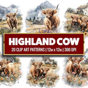 Highland Cow Clipart Farm Cow Digital Paper Watercolor Highland Cow Clipart Printable Paper Craft for Junk Journal Scrapbook