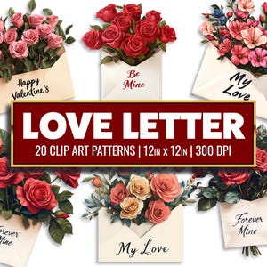 Sobre de San Valentín Clipart Carta de amor Papel digital Rosa Carta imprimible PNG Tarjeta de San Valentín Boquet Tarjeta de aniversario