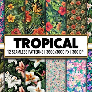 Tropical Digital Paper Summer Seamless Pattern Hawaii Patterns Background Palm Leaves Texture Bright Floral Paper Craft